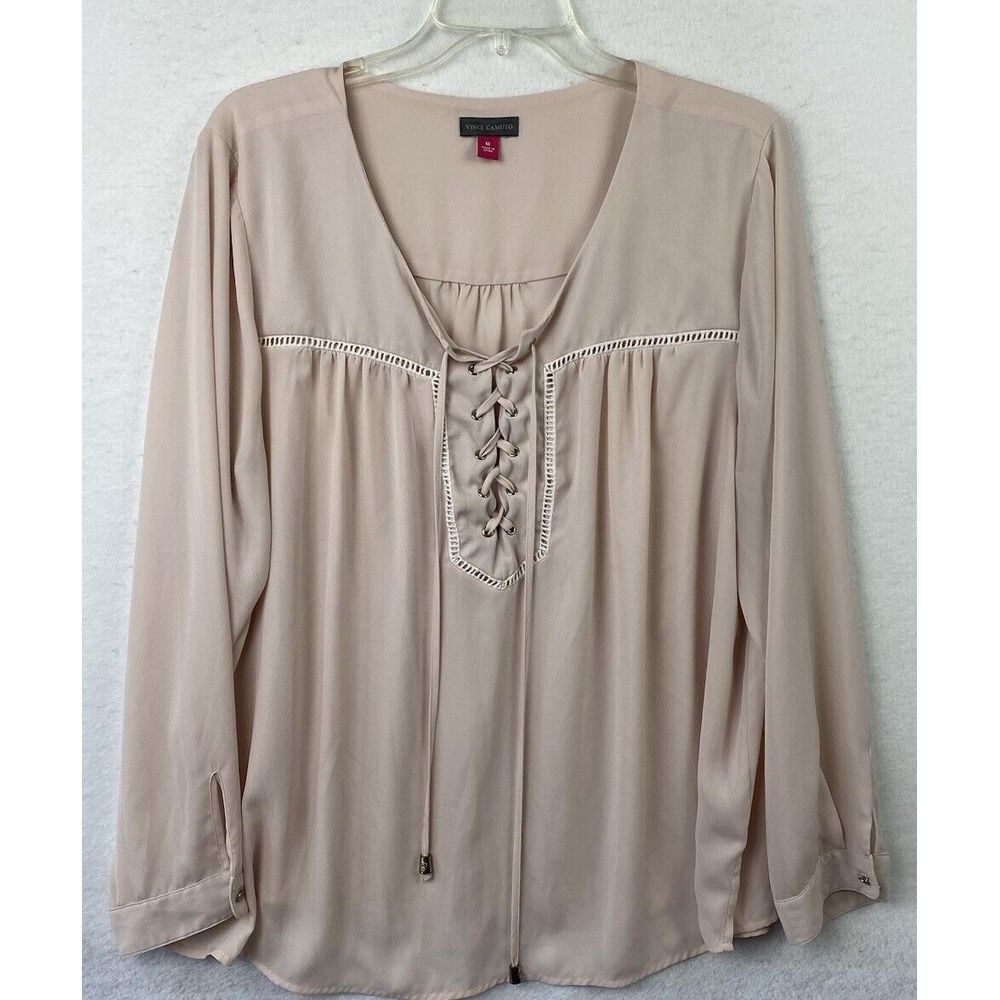 Vince Camuto Women's Sheer Lace Up Pullover Long Sleeve Blouse, Pink, XL